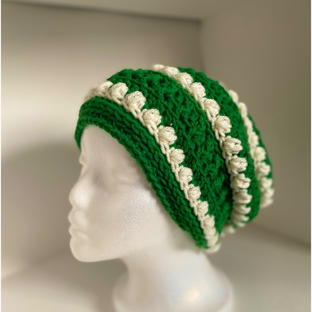Hand made, crocheted green and white beanie, slouchy hat